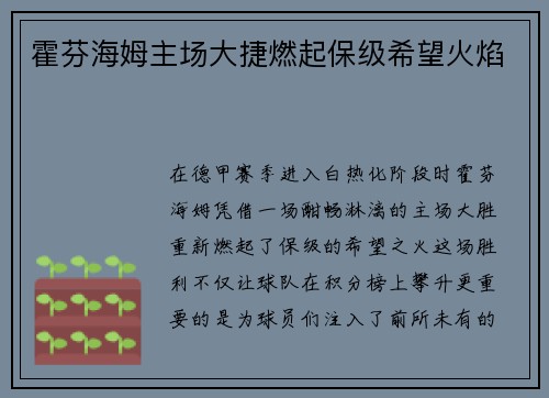 霍芬海姆主场大捷燃起保级希望火焰